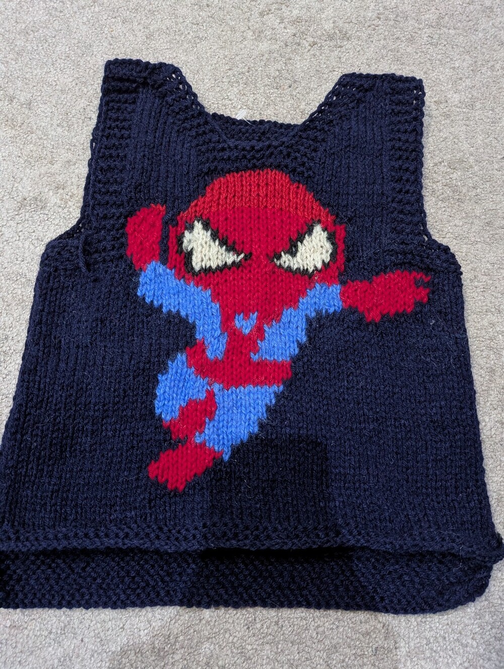 Kids Navy Blue Handknit Wool Vest with Spiderman Motif